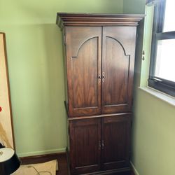 Vintage Computer Desk Dark Wood Cabinet - 28” x 23” x 70” 