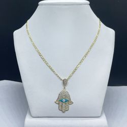 14k Solid Gold fígaro chain and Hamsa Hand charm pendant gold Necklance