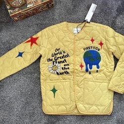 New First Row Yellow Quilted Liner Puffer Jacket Streetwear Unisex Embroidered