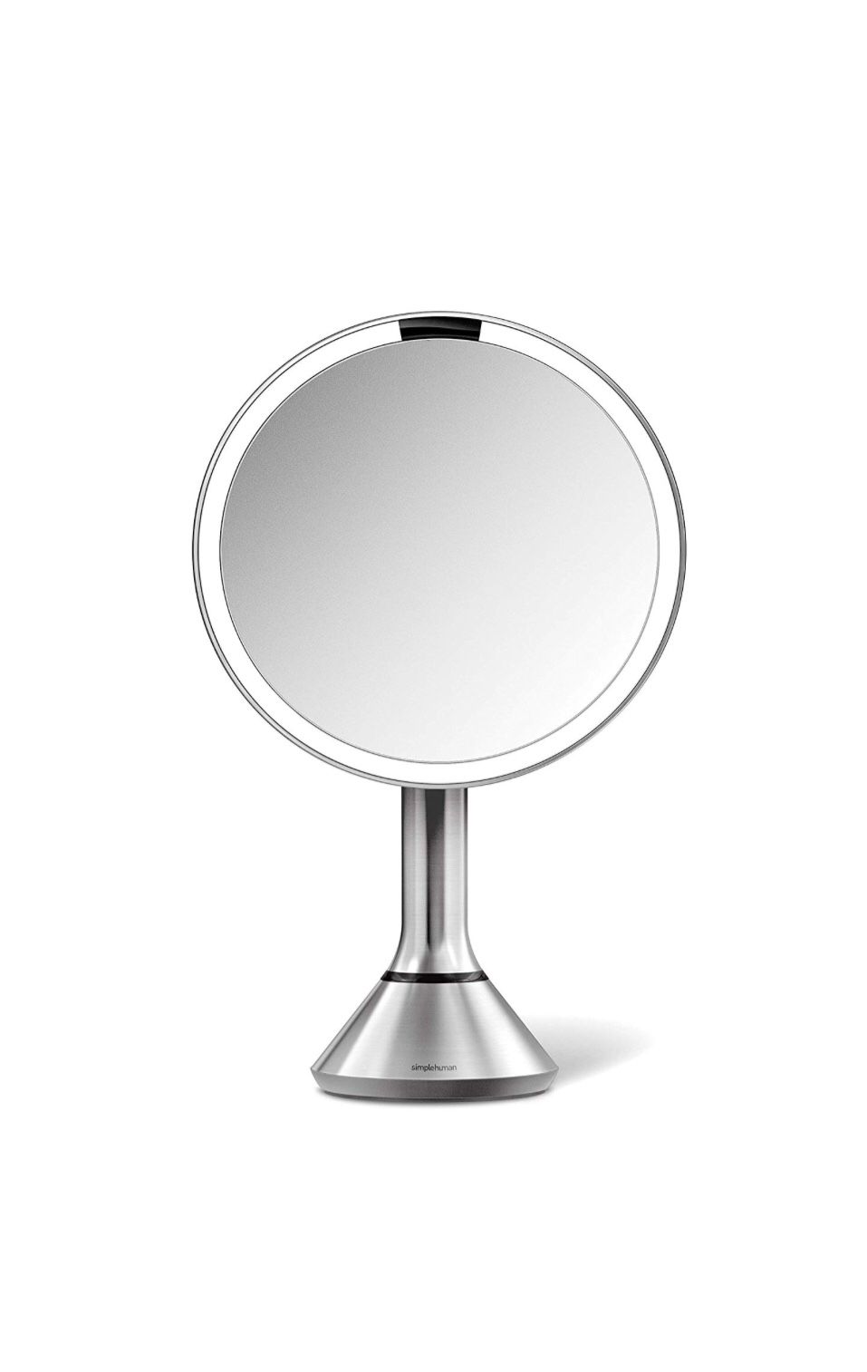 simplehuman Sensor Lighted Makeup Vanity Mirror, 8" Round with Touch-Control Brightness, 5X Magnification, Brushed Stainless Steel, Rechargeable and