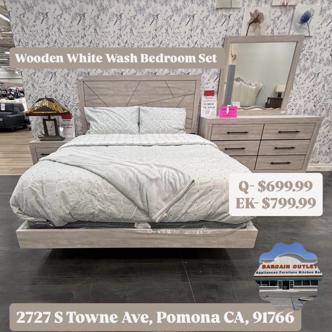 Wooden White Wash Bedroom Set 