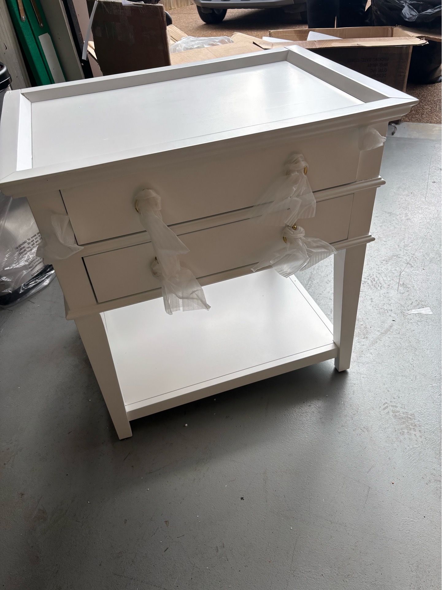 Comfort Pointe Clara White 2 Drawer Tray Top Nightstand W/Shelf Gold Tiny Boo As Pictured NEW