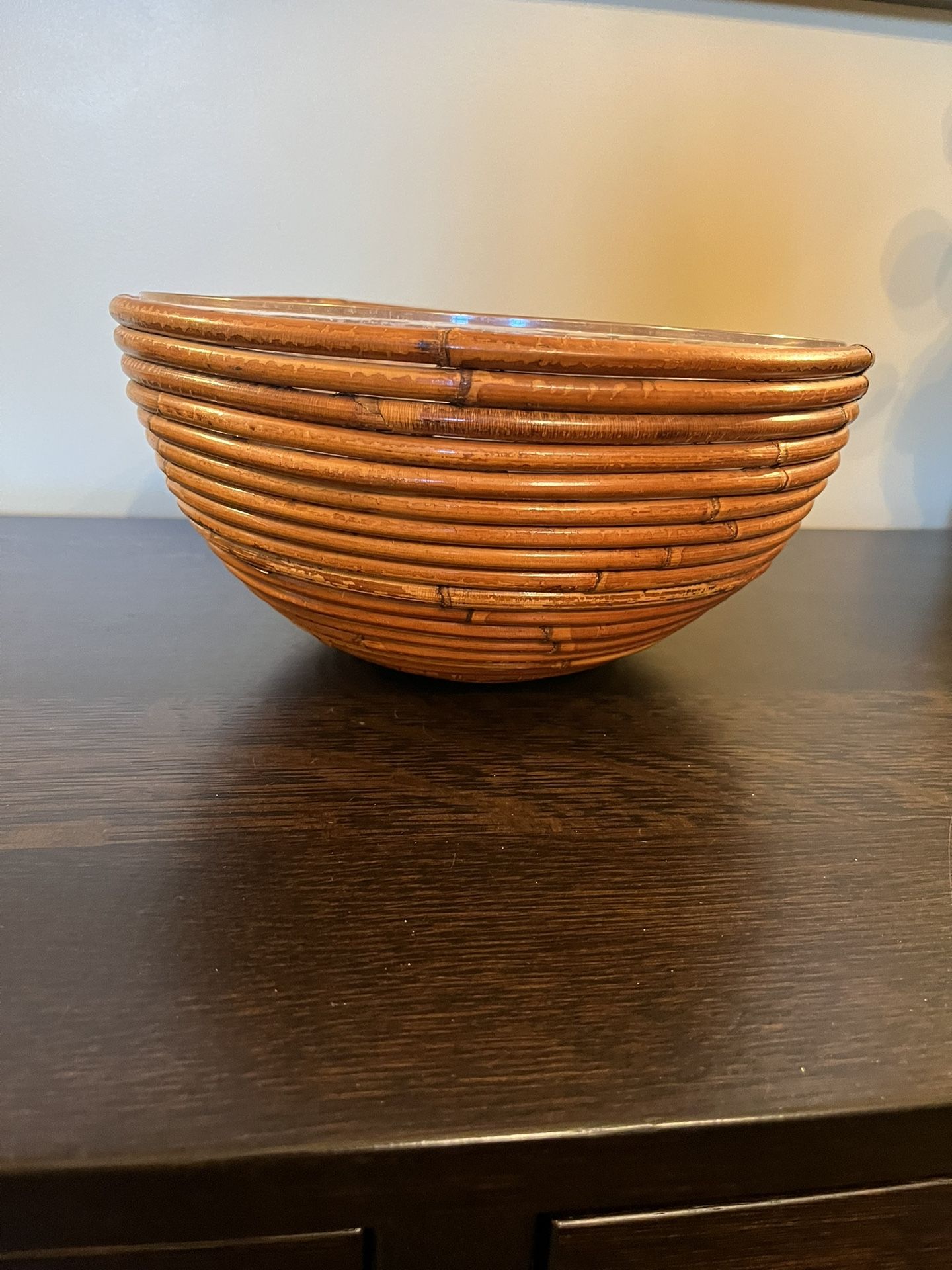 Vintage Pencil Reed Rattan Round Basket Bowl with Plastic Liner