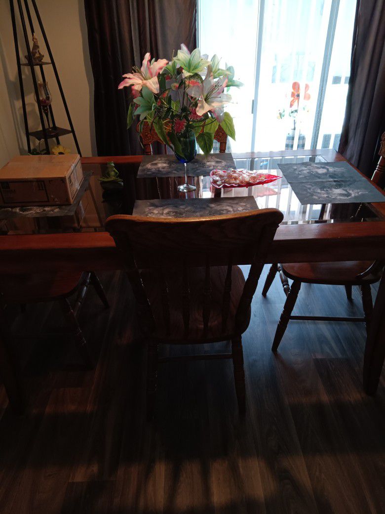 Beautiful Glass In Wood Kitchen Table With Four Chairs