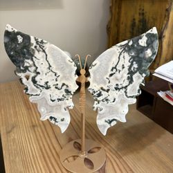Moss Agate butterfly with a gold-colored metal stand. Druzy and small portal