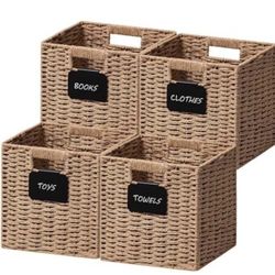 UBBCARE 4 Pack Small Wicker Basket, 9×9 Storage Cubes with Label, Foldable Cube Storage Bin with Handle, Square Storage Basket for Shelves, Woven Pape
