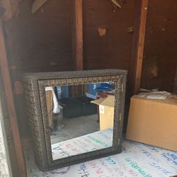 Vintage Woven Cabinet Mirror / Wall Storage Shelf (Boho / Mid-Century Style