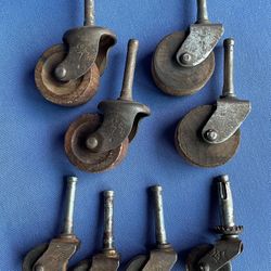 VINTAGE ANTIQUE CASTERS Lot OF 8 Metal/Wood 1.5" Shafts WHEELS 1”, 1 1/8”, 1.5”
