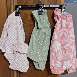 3- 6 Months Carters Set of Three Baby Rompers in Pink, Green, and Coral