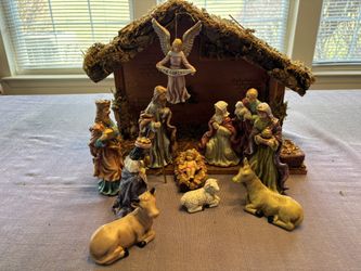 Vintage Porcelain Christmas Nativity Scene With Manger, 11 fine figurines, wooden ornate manger, approximately 16” x 10”, JCPenney Holiday Novelties, 