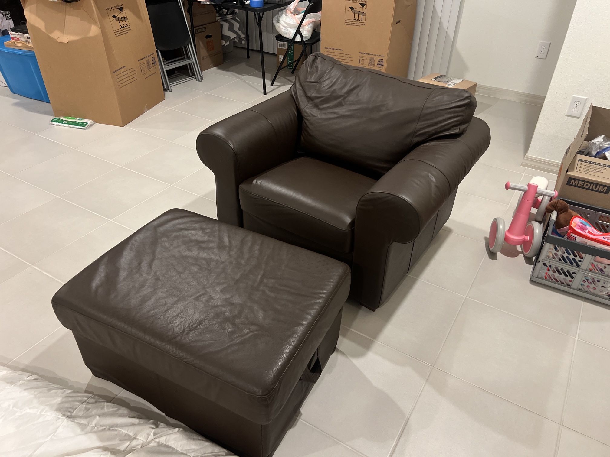 Brown Leather Chair & Ottoman