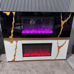  TV Stand with LED Fireplace 🔥 Modern Design | White & Black | In Stock .ask For Prices 