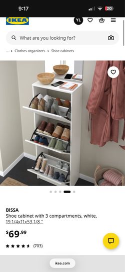 Shoe cabinet with 3 compartments, white, 19 1/4x11x53 1/8 "