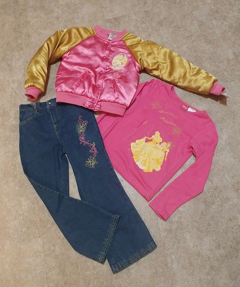 Disney Princess Outfit, 3 pieces, sz. 6, satin jacket, jeans, princess shirt