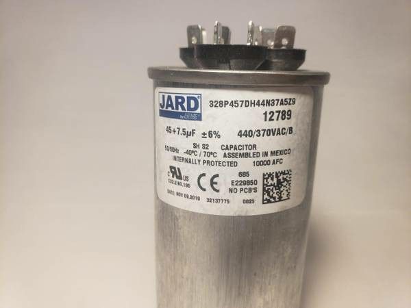 45 + 7.5 MFD x 370 / 440 VAC Motor Dual Run Capacitor Round JARD 12789