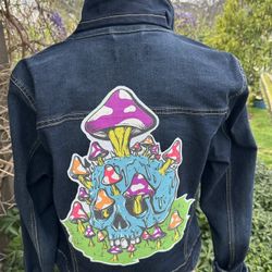 Women’s Denim Jean Jacket with Skull Mushrooms XL