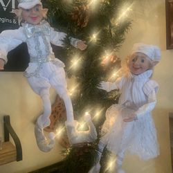 Posable Elf Dolls - Set Of 2 Silver & White