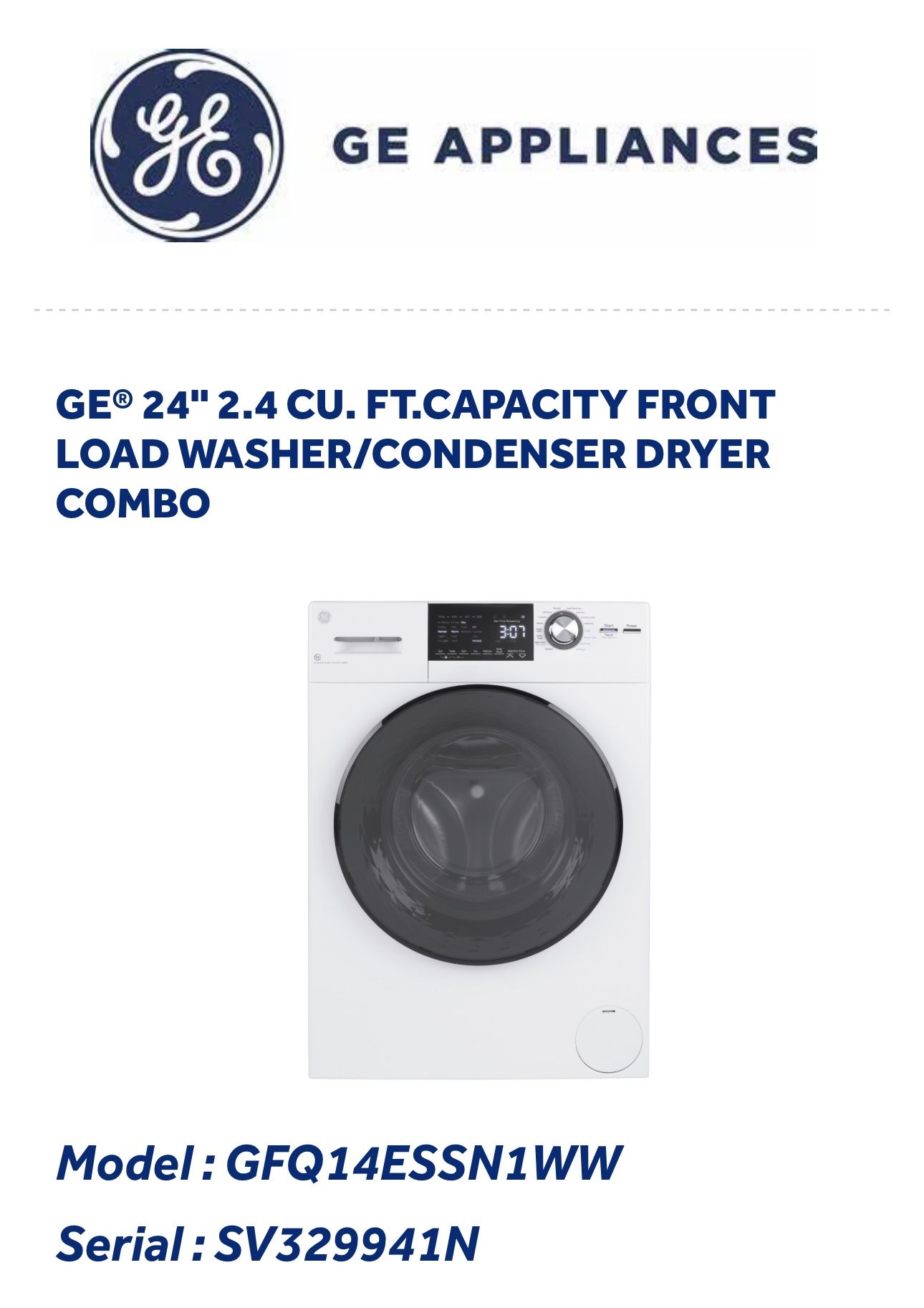 FRONT LOAD WASHER/CONDENSER DRYER COMBO