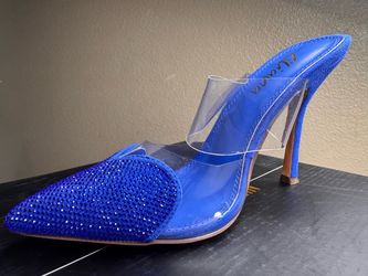 Blue Rhinestone Clear Strap Stiletto Mule Heel