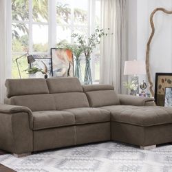 Brand New Taupe Microfiber 2-Piece Sectional with Adjustable Headrests, Pull-out Bed and Right Chaise with Hidden Storage (98 x 65.5 x 39H)