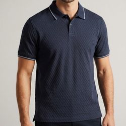 Ted Baker London Mens XL Navy Blue Textured Diamond Knit Tipped Polo Shirt