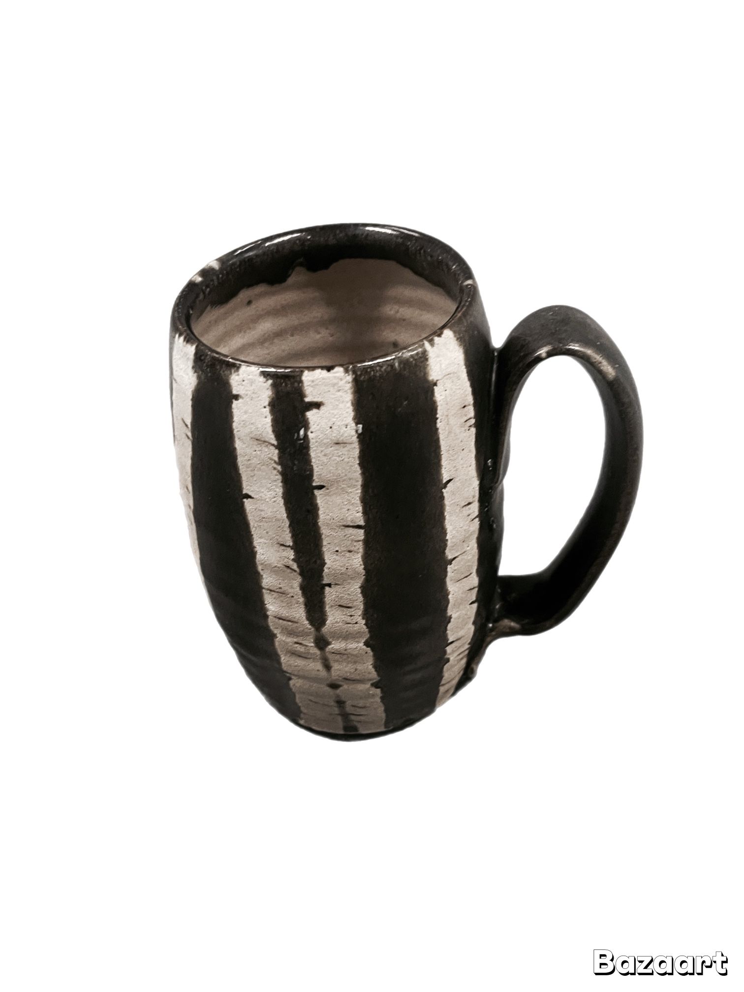 Unique Hand-Thrown Pottery Mug - Black & Cream Striped Design