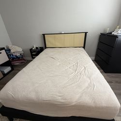 Full size bed frame, mattress and nightstand