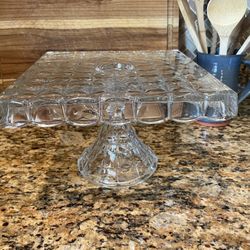 Vintage Clear Glass 10” Square Cake Plate Stand Pedestal Rum Well Bubble Art Deco