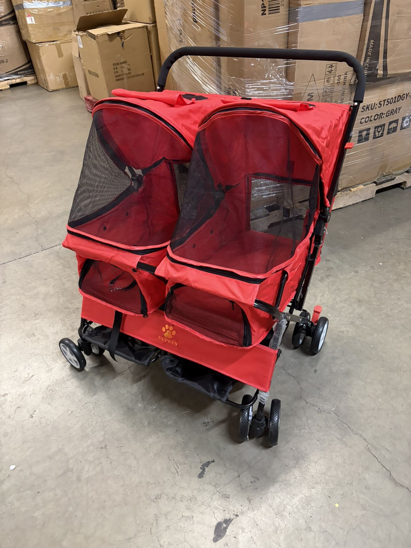 Pet Stroller Twin Folding Dog Cat Carrier Travel Cart Pet Trolley with Storage Basket and 4-Wheels Multiple Colors for Cat Dog and More (red)