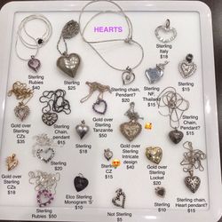 Sterling Silver  And Gold Over sterling (vermeil) Heart pendants and pendant necklaces, see price in pic