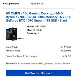 HP OMEN - 40L Gaming Desktop - AMD Ryzen 7 7700 - 32GB DDR5 Memory - NVIDI A GeForce RTX 4070 Super - 1TB SSD