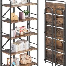Folding Bookshelf, 5 Tier Vintage Industrial Book Shelf,Metal Foldable Storage Bookcase and Bookshelves for Living Room