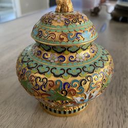 Chinese Cloisonne’ Enamel Lidded Open Work Ginger Jar W/ Stand. Jar is 6.75" T