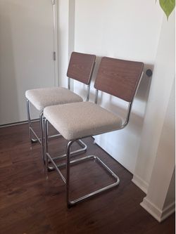 Modern Chrome Counter Stools with Walnut Backrests - Set of 2