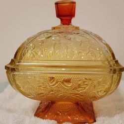 Vintage Luminous Golden Orange Jeanette Covered Candy Dish Compote -Acorns