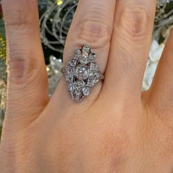 Platinum Art Deco Ring With Natural Old European Diamonds