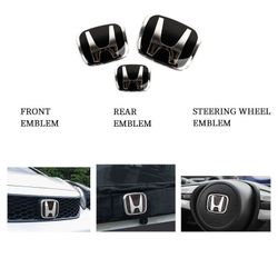 BRAND NEW 3PCS HONDA BLACK FRONT+REAR+STEERING JDM EMBLEM SET FOR CIVIC 2012-2015 2DR