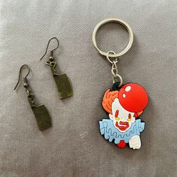 Creepy Horror Meat Cleaver Earrings & Pennywise Keychain