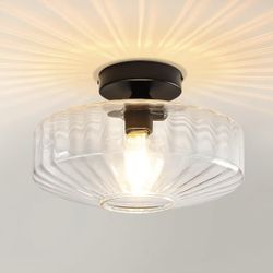 Semi Flush Mount Ceiling Light, 11.8" Vintage Clear Glass Ceiling Lights, 1-Light Mid Century Modern Drum Close to Ceiling Light Fixtures for Bedroom 