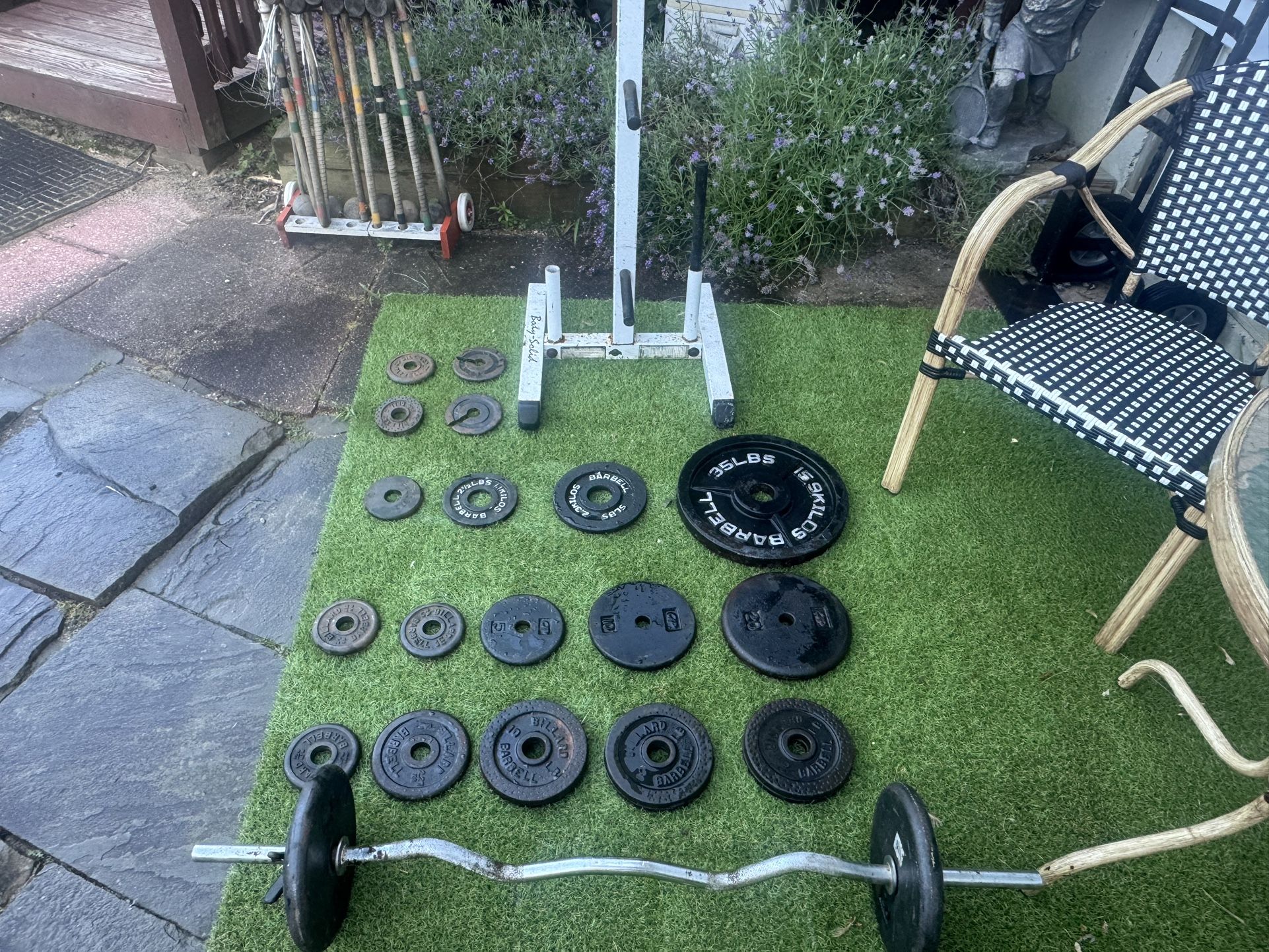 Assorted weights, Weight Tree & Curl Bar