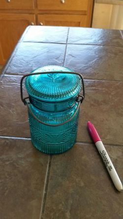 In Hollister - Vintage Avon Teal Blue Canning Style Jar