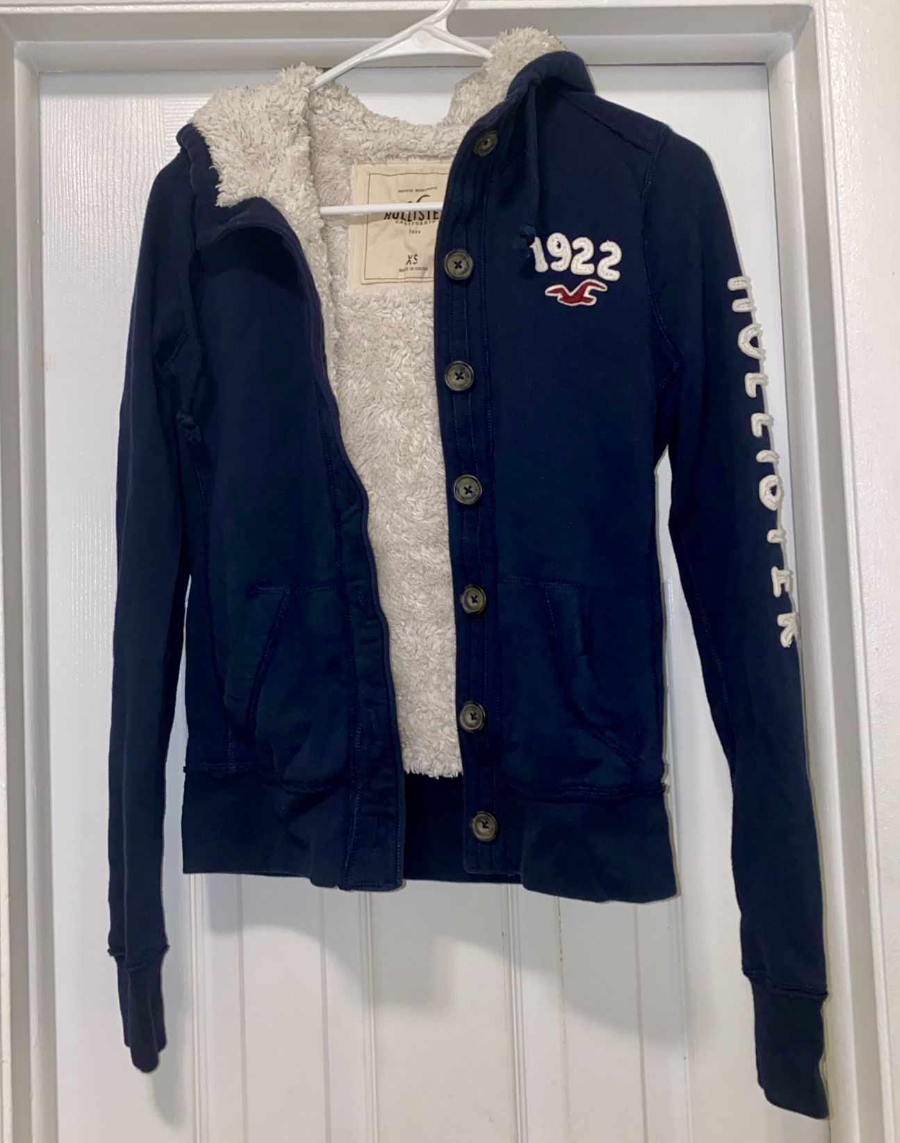 Hollister Sherpa Lined Hoodie Jacket, Navy Blue Button Down, Youth Teen XS