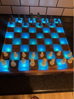 Custom Wood Epoxy Resin Chessboard w/LED 16x16