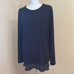 Loft Round Neck Mixed Media Sweater w/Polka dot portion at hem; Large; Navy