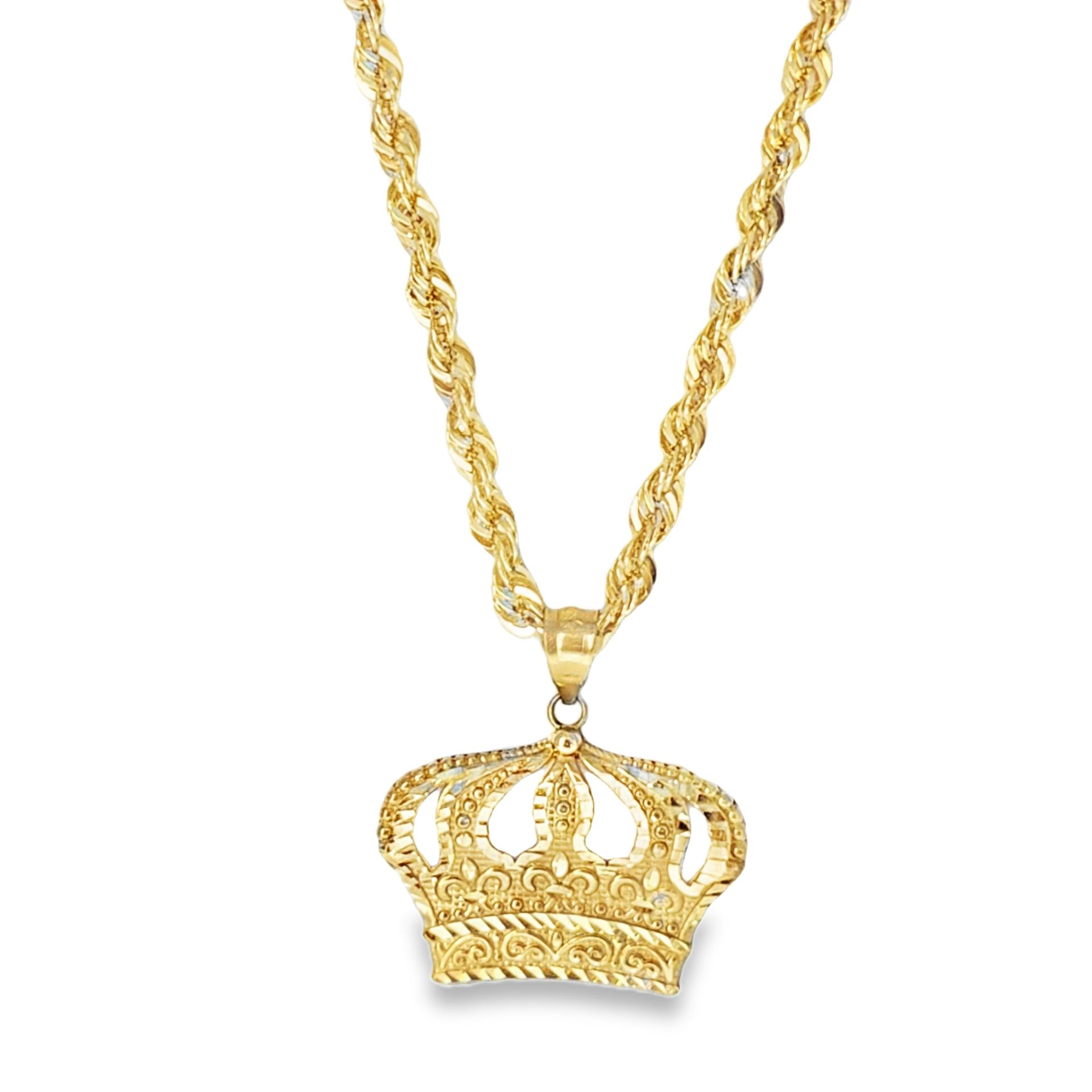 10k Yellow Gold Rope Chain Necklace with Crown Pendant