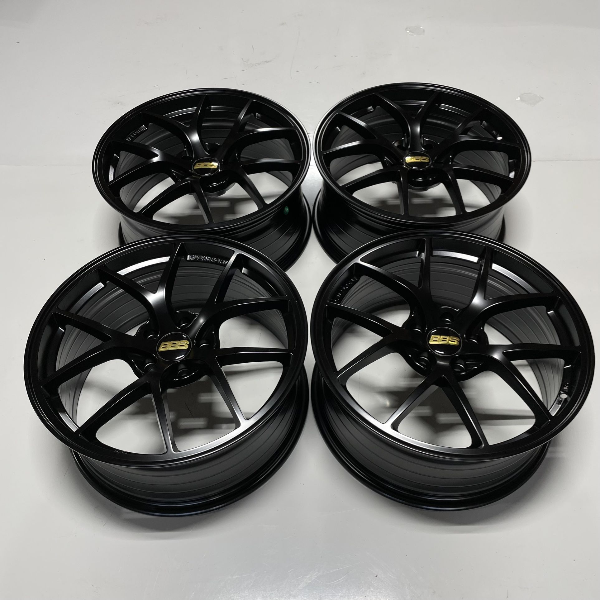 NEW 19” BBS RIA Style Forged Matte Black Wheels Gold Center Caps Squared Set 19x8.5 +38 (5x114.3) 