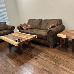 Microfiber Suede Sofa and Chair, Rustic Coffee And End Tables