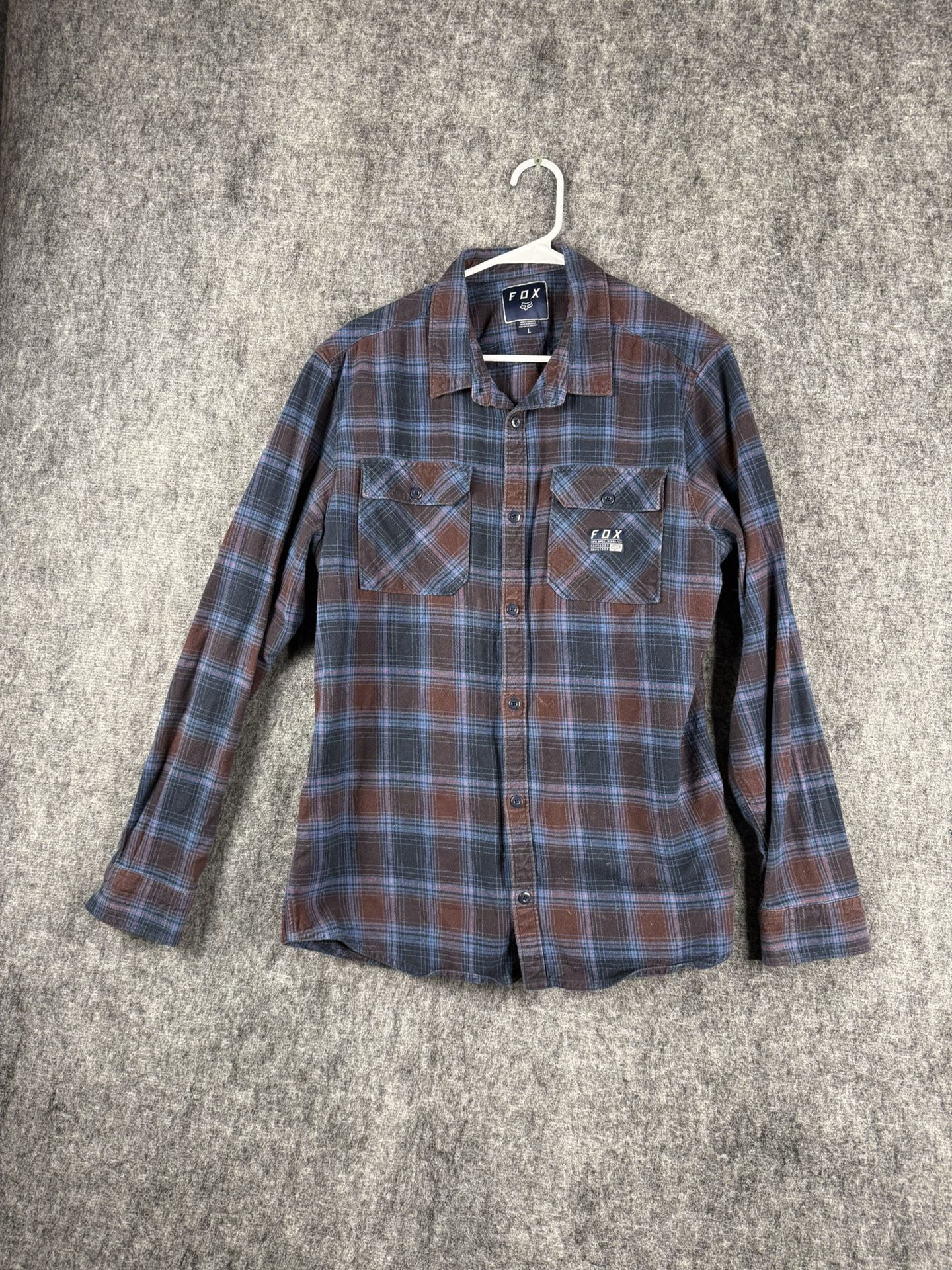 FOX Racing Mens Long Sleeve Flannel Shirt Size L Brown Blue Plaid Button-Up