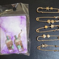 Starbucks Frappuccino Drop Earrings with Gold Tone Safety Pin Charms