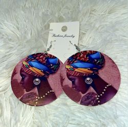 African Queen black woman drop wooden Earrings Afrocentric jewelry new round